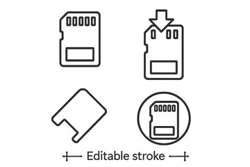 MicroSD memory card thin line icon set. Flash drive and data storage concept. Editable stroke vector pictograms for websites and apps. Technology symbols like download and transfer.