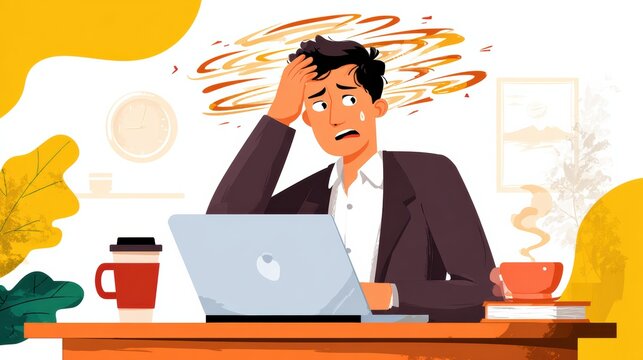 an anxious, stressed man in a suit holding his head at a desk with a laptop, symbolizing burnout or excessive work.