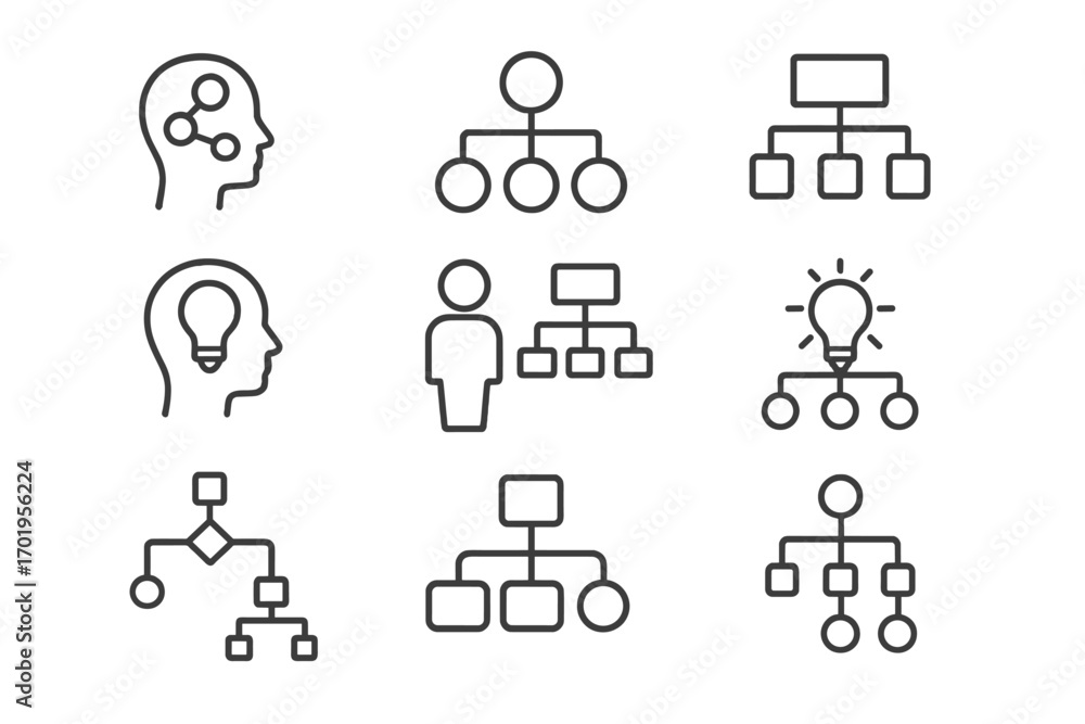 Aufkleber mind map and hierarchy thin line icon set. flowchart, organization chart, and workflow diagram symbo