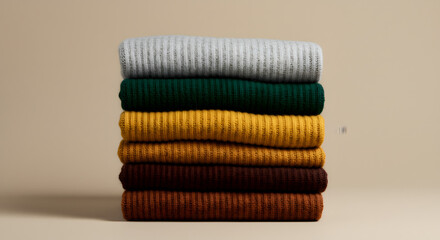 Stack of Five Folded Ribbed Knit Sweaters in Earthy Tones
