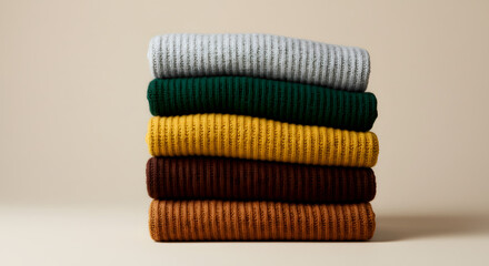 Stack of Five Folded Ribbed Knit Sweaters in Earthy Tones