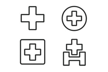 Obraz premium Thin line icons of medical cross symbols, health care signs, first aid symbols, editable stroke vector graphics for web, books, cards, and app design, transparent background