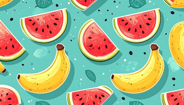 A vibrant pattern of watermelon slices and bananas, set against a light teal background, creating a refreshing summer mood. - Powered by Adobe