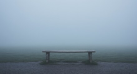 A fogobscured wooden bench sits between a gravel path and grassy expanse