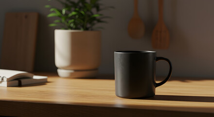 Matte Black Ceramic Mug with Rustic Kitchen Accents