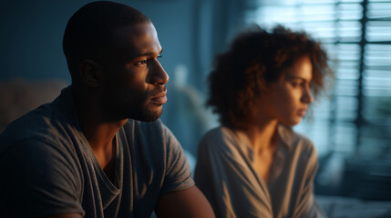 A young man and his Black girlfriend sit in tense silence on their bed their eyes avoiding each other after a quarrel morning light dim through heavy blinds a forgotten phone