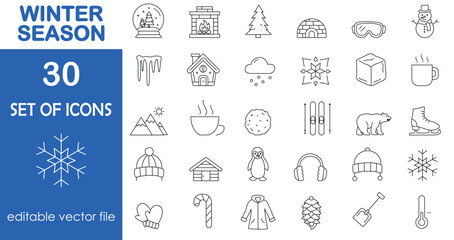 Fototapeta premium Winter season icon set with editable line strokes. signs like snowman, snowflakes igloo, snow, skiing, snow, and snowglobe