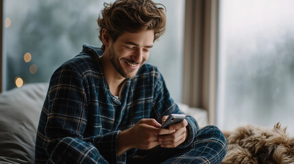 A young man in cozy pajamas messages his girlfriend on his smartphone sitting cross legged on his bed morning light soft through a frosted window a dog eared novel on his pillow