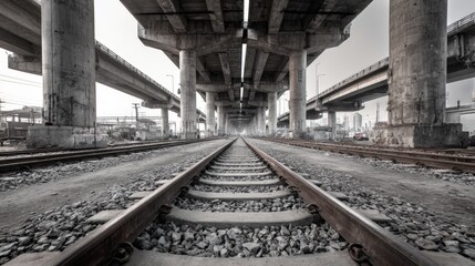 Fototapeta premium Urban Railway Perspective: Elevated Concrete Bridges and Railroad Tracks Converging Toward a Distant Cityscape