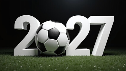Obraz premium Soccer ball forms “2027” spotlighted on lush green field. 