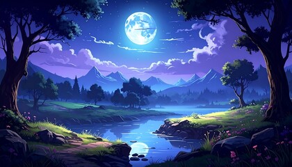 A serene, moonlit landscape with a calm river reflecting the vibrant night sky.