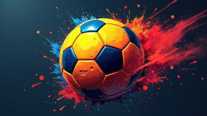 Naklejka premium Yellow-blue soccer ball bursts through red-orange splash of motion. 