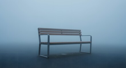 A solitary wooden bench sits on a dark surface enveloped in a heavy fog or mist obscuring the background