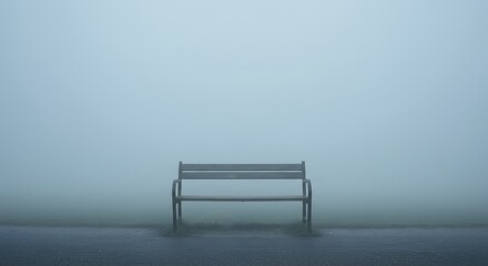 A vacant bench stands in heavy fog obscuring the background and creating a sense of isolation