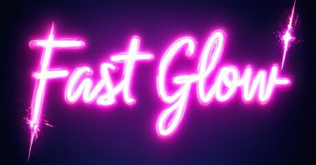 Bright pink text reads Fast Glow against dark purple background. Neon style lettering features sparkling light effects. Simple, vibrant design.