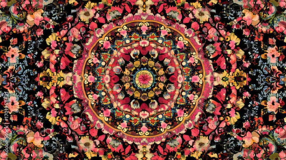 Aufkleber kaleidoscopic floral pattern with vibrant hues and intricate details creating a symmetrical composit