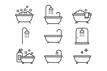 Bathtub and shower thin line icon set. Bathroom hygiene and cleaning symbols. Collection of bath, bubbles, foam, water, and soap pictograms. Editable stroke vector.