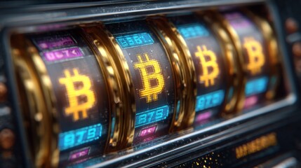 Bitcoin Slot Machine: A dynamic, eye-catching image of a slot machine, its reels displaying the iconic Bitcoin symbol.