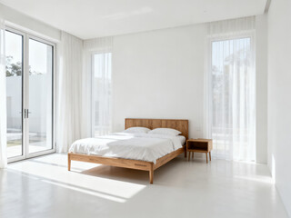 Fototapeta premium A bright and minimalist bedroom featuring a wooden bed, large windows with sheer curtains, and a clean, white interior for a restful ambiance.