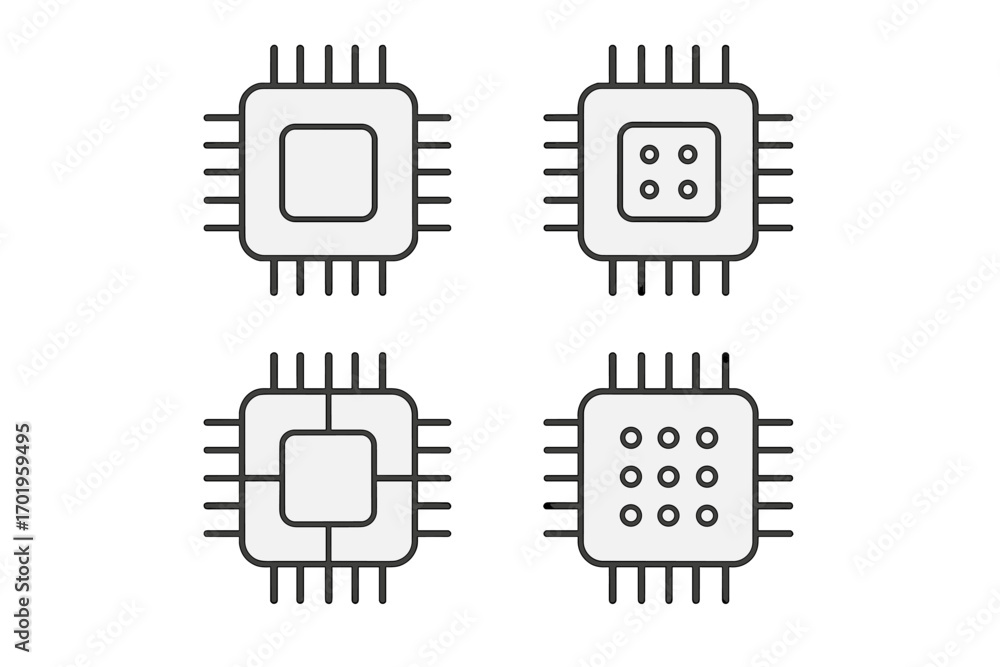 Poster chip line icon set. processor, cpu, and computer hardware symbols. microchip technology concept for 
