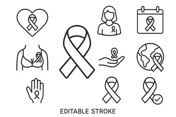 Breast cancer awareness month line icon set. Pink ribbon symbol of hope, support for women's health. Charity campaign vector logo collection. Medical oncology design elements.