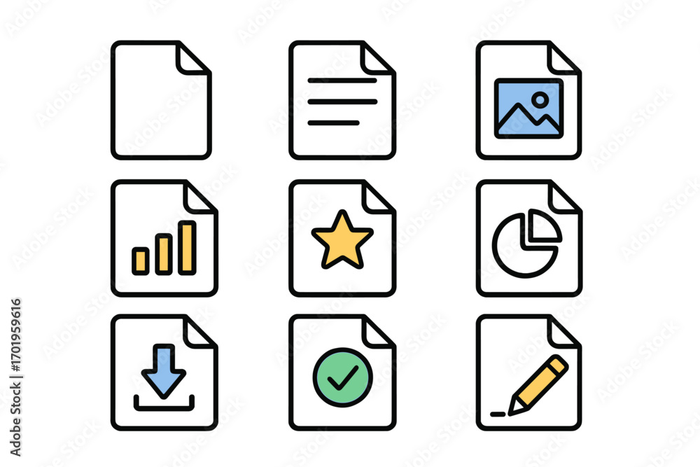 Poster modern file outline icons set. vector document types illustration for mobile apps and web. data, rep