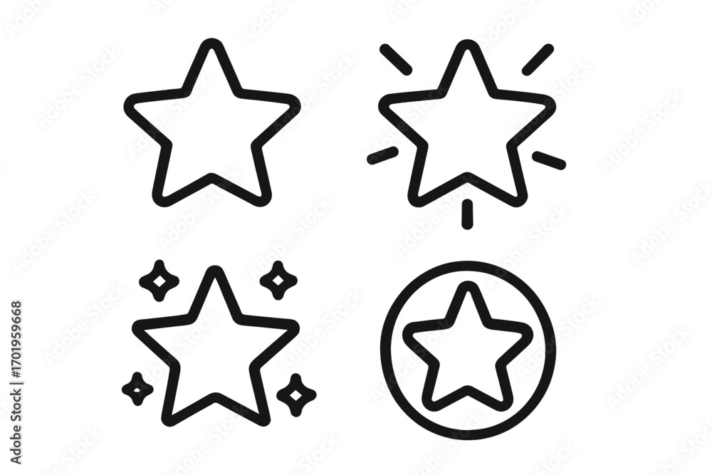Poster star icon set for rating and achievement. simple line art symbols. vector collection of shiny, spark