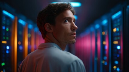 Data Center Stare: A focused technician peers into a data center aisle, framed by glowing servers. The scene evokes a sense of technological prowess.