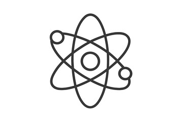Science atom icon vector logo. Physics, chemistry concept illustration. Nuclear energy, quantum mechanics. Molecule structure with electron orbit. Research technology symbol.