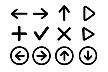 Interface icon bundle with arrows, plus, check, play symbols for web design, app UI, card layout, social media posts, vector cartoon style, vector graphic set