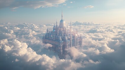Majestic fantasy castle floating serenely amidst fluffy white clouds, bathed in soft golden light