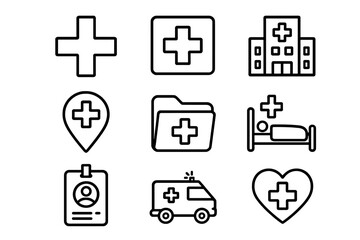 Medical cross hospital symbol line icons set with editable stroke for healthcare apps, websites, cards, medical documents, vector cartoon style sign collection