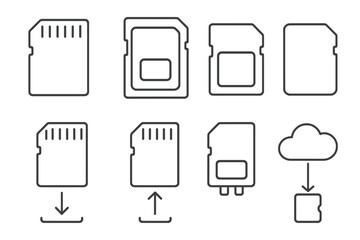 MicroSD memory card thin line icons pack, editable stroke vector set for web design, apps, books, cards, technology, data storage symbols, cartoon style transparent background