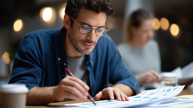 A man in glasses analyzes financial documents with a furrowed brow a businesswoman pointing at a chart with a red pen their desk alive with notes and coffee cups top view