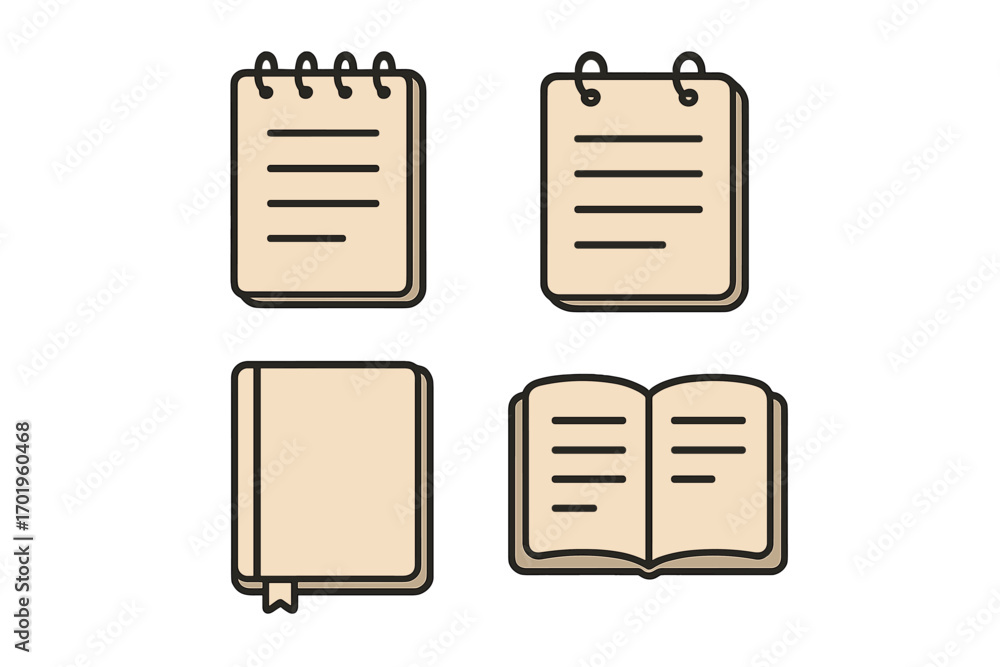 Aufkleber notebook and book icon set for ui design, notes, books, placards, and apps, editable stroke vector c