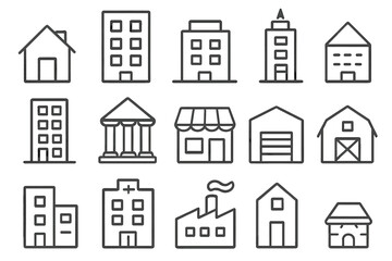 Building line icon set. House, office, bank, shop, hospital, factory, barn, garage vector icons. Minimalistic linear pictogram collection with editable stroke for web design.