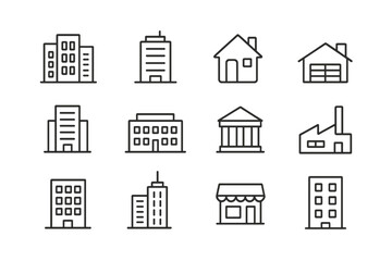 Building line icon set. Real estate and architecture symbols. Urban construction pictogram collection. House, home, office, bank, factory, store, skyscraper. Editable stroke.