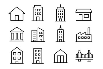 Building line icon set. Thin line vector symbols of house, office, bank, factory, skyscraper. Minimalist real estate and architecture pictogram collection. Editable stroke for web design.