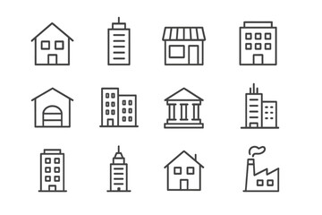 Fototapeta premium Building line icon pack. Editable stroke vector pictogram set. Minimalist linear icons for architecture, real estate, city life. House, office, bank, shop, factory, urban.