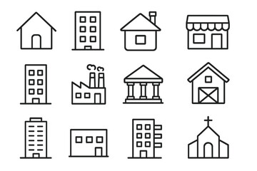 Fototapeta premium Building icon set. Thin line art collection of real estate and architecture symbols. Home, house, office, factory, bank, shop, barn, church vector icons. Minimalist outline pictograms.