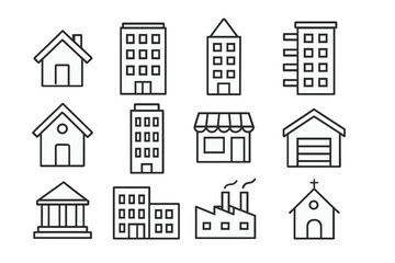 Fototapeta premium Building line icon collection. Vector set of house, office, bank, shop, factory symbols. Real estate and architecture pictograms. Minimalist linear icons for web design.