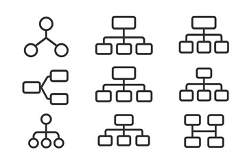 Simple Mind Map and Hierarchy Line Icons Collection, Editable Stroke Vector Set for Web, Apps, Books, Cards, and Infographics, Minimalist Organizational Chart Symbols