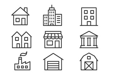 Fototapeta premium Building icon collection. Real estate and construction thin line icons. Vector symbols for house, home, office, store, bank, factory, garage, barn. Editable stroke signs.