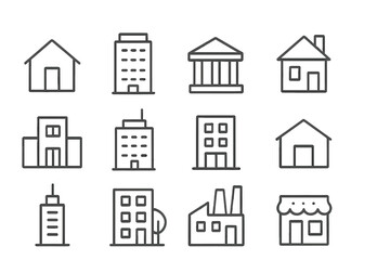 Fototapeta premium Building line icon set. Real estate and architecture symbols. House, home, office, bank, factory, shop vector icons. Editable stroke for web and app design. Urban pictogram collection.