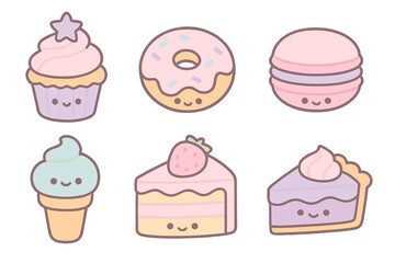 Cute kawaii dessert character collection. Pastel sweets and bakery food set. Vector icon includes cupcake, donut, macaron, ice cream, cake, pie. Cartoon illustration for kids.