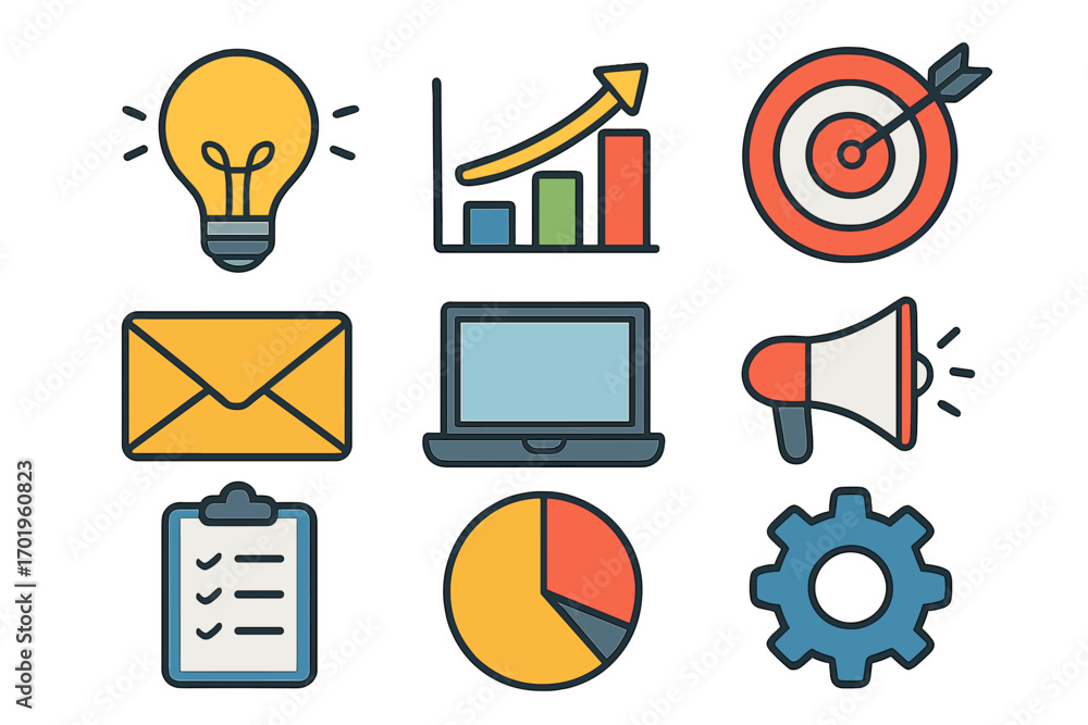 Poster business marketing icon set for strategy and data analysis. vector thin line collection with startup