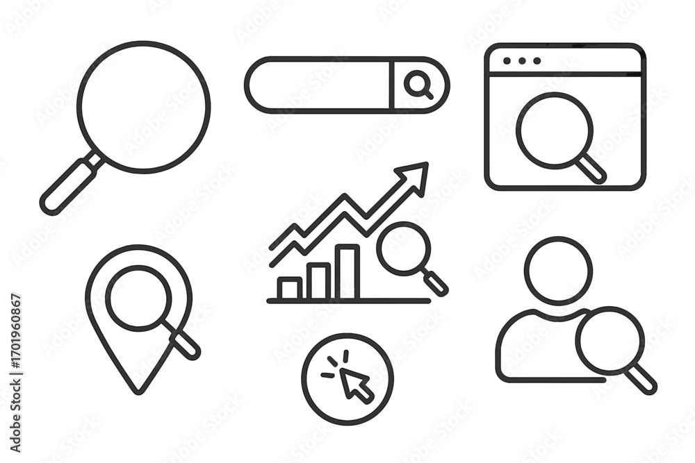 Poster seo analysis and web search icon set. vector line art icons for marketing, data research, user analy