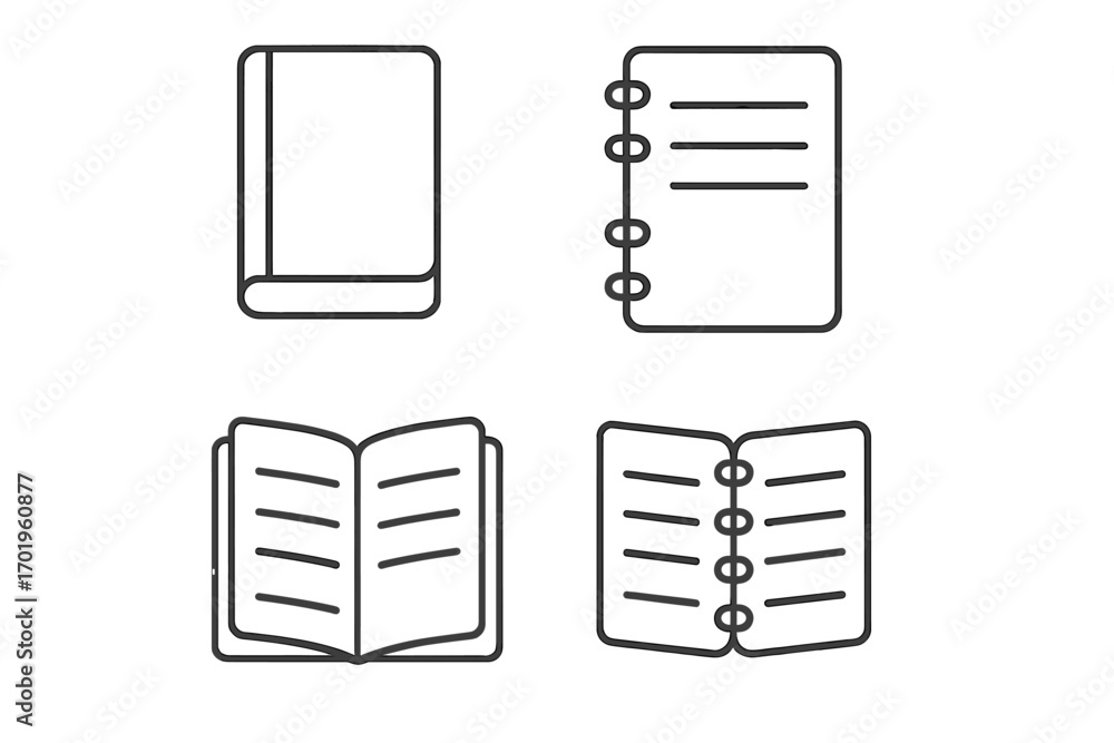 Poster notebook and book icons set, thin line editable stroke design, vector illustration for notes, writin
