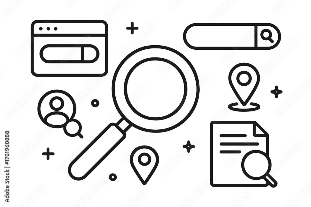 Poster search icon set for web and mobile apps. vector line art illustration with magnifying glass, browser