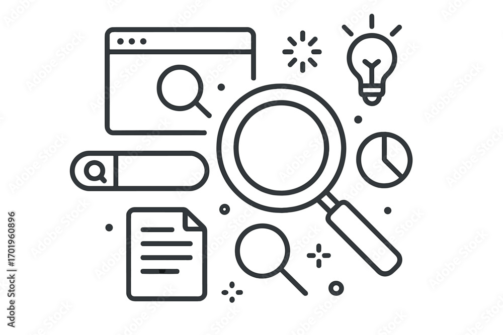 Poster search and analysis icon set. thin line vector icons for seo, market research, data analytics, and b